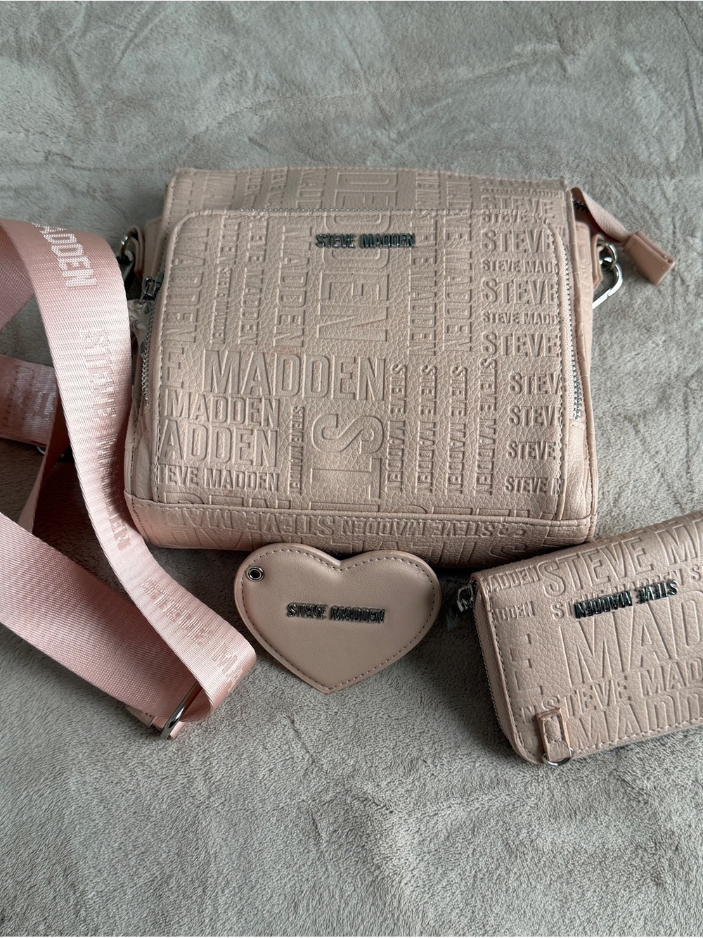Steve Madden Light Pink Embossed Crossbody Bag with Heart Charm